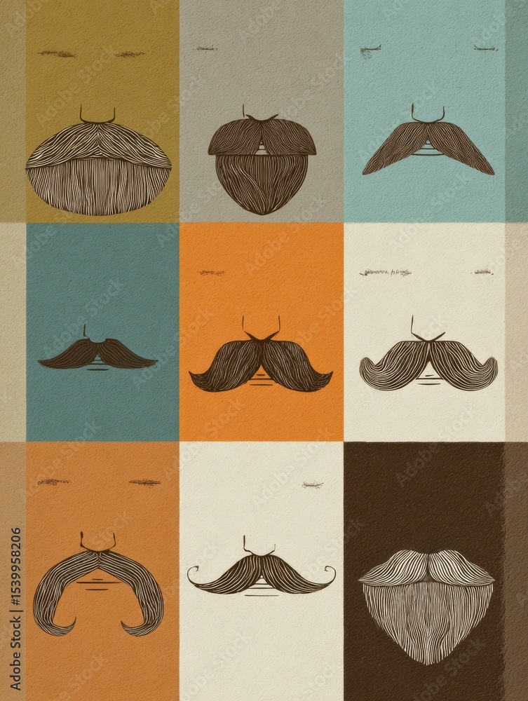 Aufkleber Minimalist Face Designs Featuring Various Mustache Styles Arranged in a Grid Format Showcasing Different Shapes and Textures