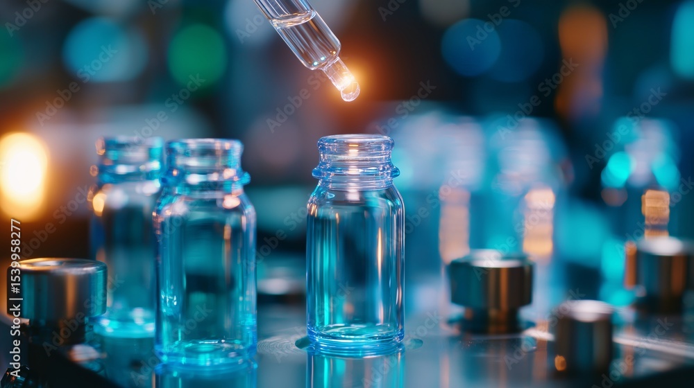 Poster dropping liquid from a pipette into a clear glass vial in a laboratory setting during evening hours