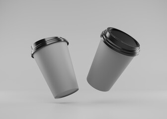 disposable coffee cups with lids, minimalistic, gray background, takeaway beverage containers.
