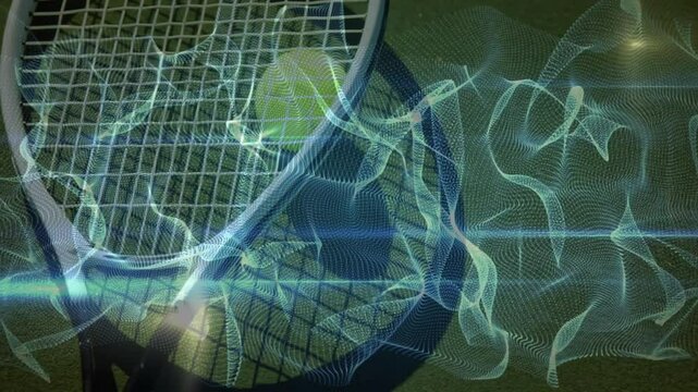 Glowing digital ribbons appearing on grass rotating racket guiding ball into focus for tech demo
