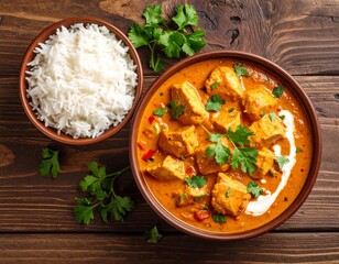 Butter chicken curry featuring tender chicken breast pieces simmered in a creamy, buttery tomato-based sauce with a hint of honey. Garnished with fresh coriander and a swirl of cream, served in a bowl
