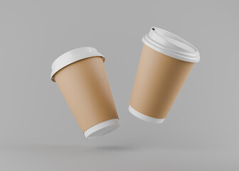 Two to-go coffee cups with white lids and cardboard sleeves, gray background, disposable drink containers.