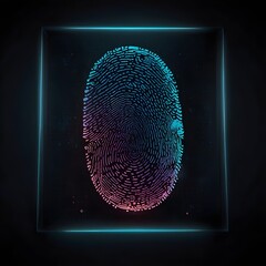 A striking digital visualization of a fingerprint, rendered with glowing blue and pink lines against a dark, abstract background with subtle grid patterns. The image emphasizes biometric security, dig
