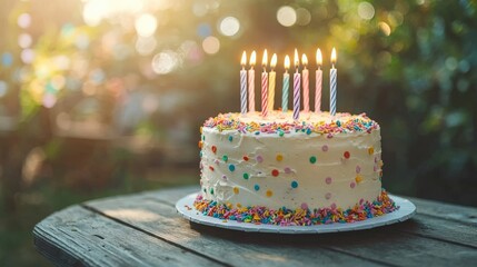 Birthday cake with candles on a wooden table outdoors. AI-generated.