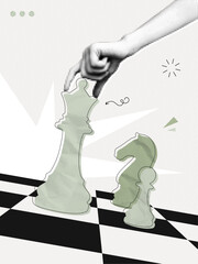 Trendy Halftone Collage Hand holding chess piece. Abstract chessman. Game strategy. Strategic leader. Queen and knight horse chess figure. Paper texture. Contemporary vector illustration art