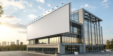 Obraz premium A blank billboard on a modern building facade in daylight, a clear space for commercial advertising and marketing