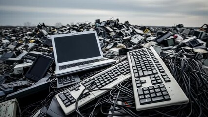 Discarded laptop and keyboards lie on a vast pile of electronic waste at a landfill, highlighting the issue of tech disposal, environmental pollution, and sustainable consumption challenges