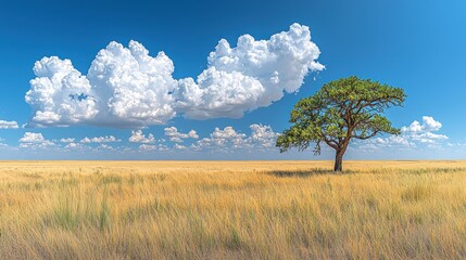 Obraz premium Vast golden field, solitary tree, bright sky