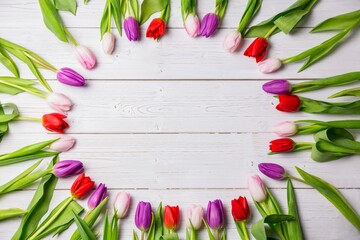 Flat design multicolored tulip flower ring with leaves is being shown on white plank, copy space
