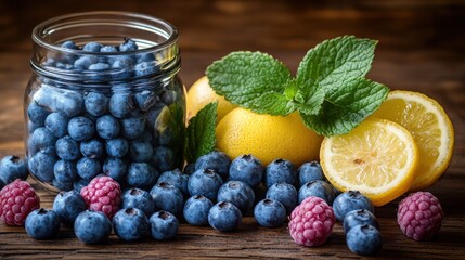 Fresh Blueberries and Raspberries with Sliced Lemons and Mint Leaves on Rustic Wooden Table