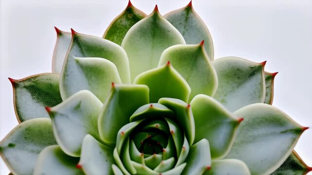 Close-up view of a fresh Echeveria succulent plant with thick, fleshy leaves arranged in a rosette pattern and red-tipped margins against white