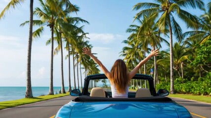 Girl in Convertible Car on Tropical Road Joyful Vacation Drive Under Palm Trees in 4K