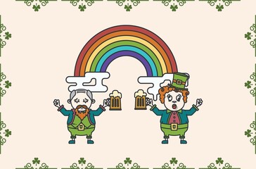 Image of st patrick's day leprechauns over rainbow on beige background