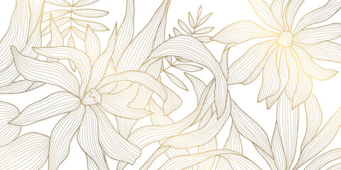 Vector golden line flowers, floral luxury art pattern. Abstract nature ornament garden leaf wallpaper, spring, wedding botanical graphic. Tropical Chinese, Japanese background