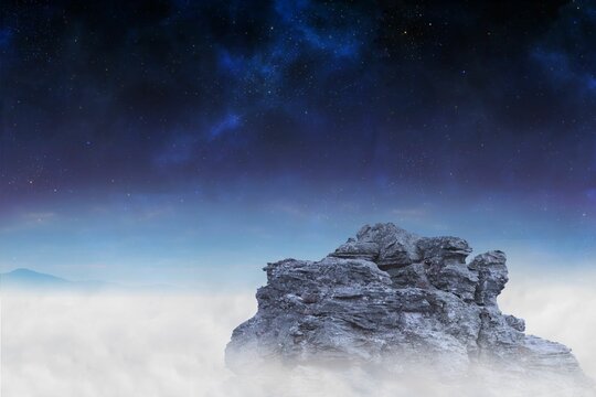 Fototapeta Rugged rock formation is rising through cloud layer in flat design, showing Milky Way star field