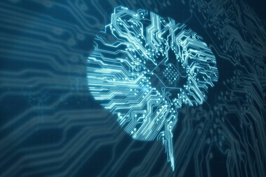 Human brain shape against circuit board