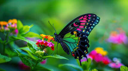 Obraz premium Vibrant Butterfly with Colorful Wings Resting on Bright Flowers in a Lush Garden Setting