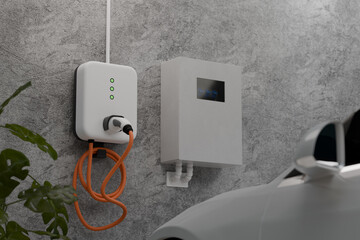 modle electric vehicle charger Installed in home. 3d rendering.
