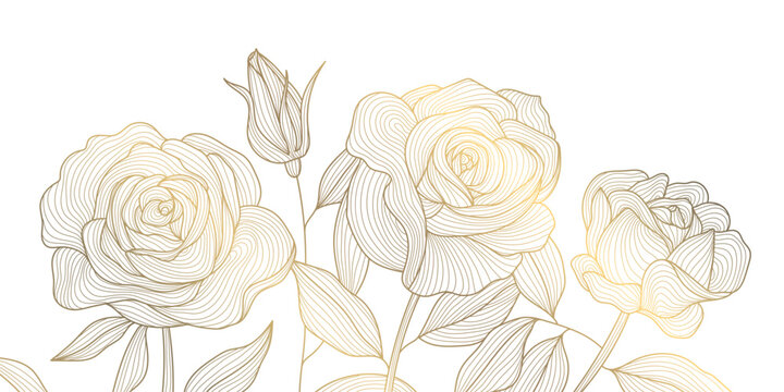 Vector golden line flowers, floral luxury art pattern. Abstract nature ornament garden leaf wallpaper, spring, wedding botanical graphic. Tropical Chinese, Japanese background