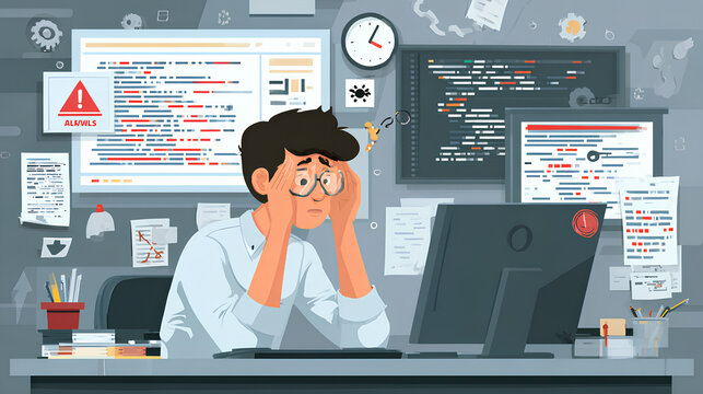 programmer fixing bugs in code while dealing with error alerts, showing the process of debugging and troubleshooting in software development.