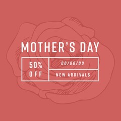 Image of mother's day 50 percent off text with rose on red background