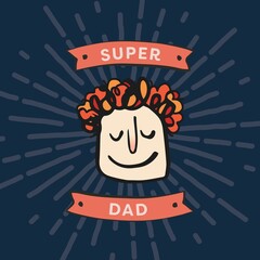 Image of super dad text with head icon on blue background