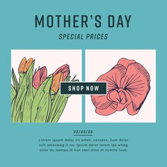 Image of mother's day secial prices text with flowers on blue background