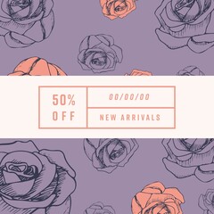 Image of 50 percent off new arrivals text with roses on purple background