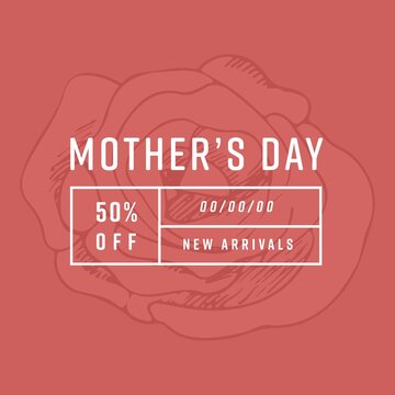 Fototapeta Image of mother's day 50 percent off text with rose on red background