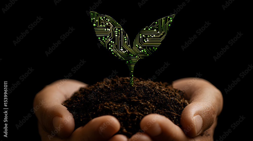 Aufkleber hands holding soil with a digital circuit-patterned sprout symbolizing the fusion of nature and tech