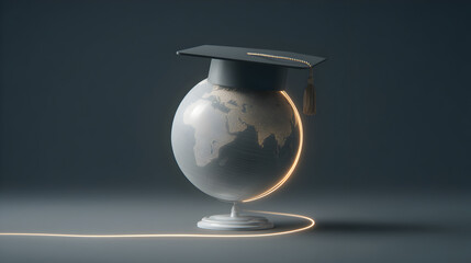 A globe wearing a graduation cap symbolizes global education and learning, illuminated by a glowing line encircling the Earth.