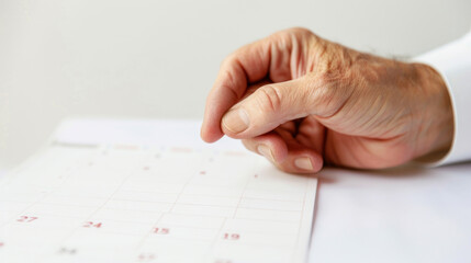 Close-Up of a Hand Hovering Above a Blank Calendar Page for Scheduling Activities, Appointments, or Planning Events