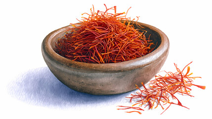 Fototapeta premium Watercolor Illustration of Saffron Threads in Bowl – Rich Red Saffron Strands on White Background