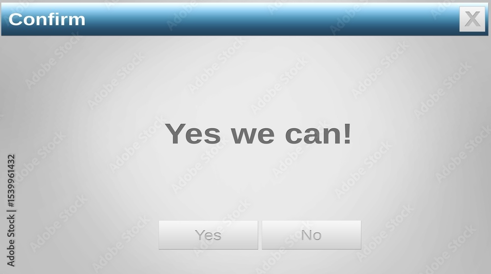 Poster displaying confirmation dialog in flat design with blue title bar, bold text, yes and no buttons