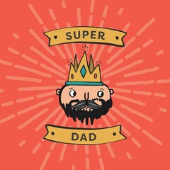 Image of super dad text with head icons on red background