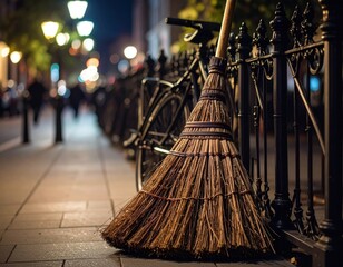 Broom leaning against fence on city street at night