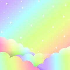 Flat pastel clouds drifting across gradient rainbow sky with floating white stars, copy space
