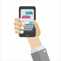 Flat-style hand is holding phone with Mothers Day chat bubbles, keyboard, SEND button, copy space
