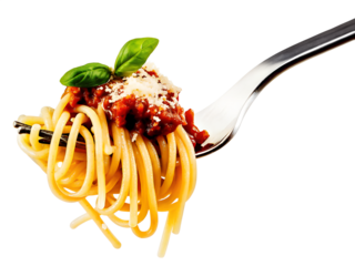 spaghetti with bolognese sauce and on fork isolated on white or transparent background. italian food