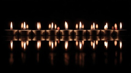 A close-up view of several tea light candles burning brightly against a dark background.