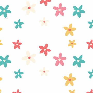 Fototapeta Displaying flat five-petal flower pattern in teal pink yellow cream showing centers on white canvas