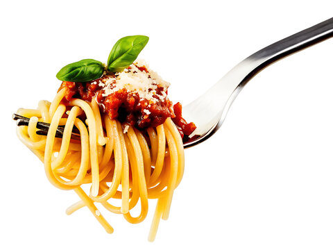 spaghetti with bolognese sauce and on fork isolated on white or transparent background. italian food - Powered by Adobe