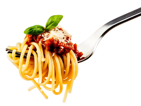 spaghetti with bolognese sauce and on fork isolated on white or transparent background. italian food