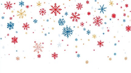 Colorful snowflakes, varied shapes and sizes, falling against a white background