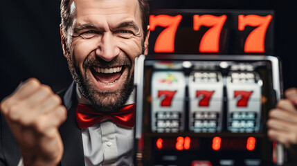 Happy man celebrating victory at a casino with a slot machine showing lucky numbers and bright lights, joy and excitement in gaming atmosphere