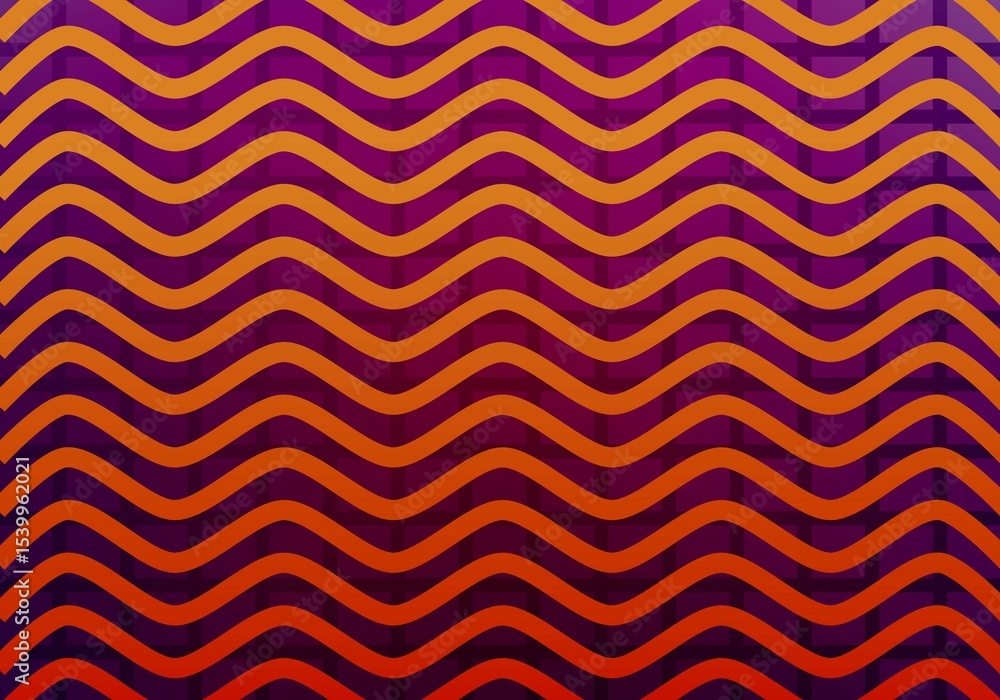 Poster repeating abstract motif is spreading undulating orange waves across flat design purple background