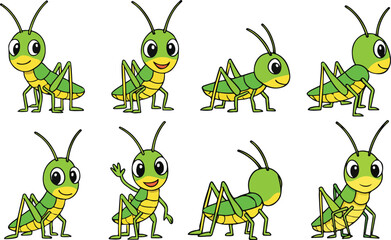 vector illustration of grasshopper locust grig bug insect cute simple funny cartoon mascot character cartoon with 8 poses 