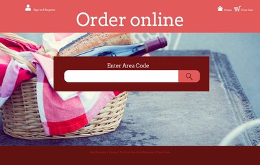 Wicker picnic basket with bread and wine bottle is showing on interface with search bar overlay