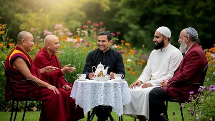 Diverse religious leaders including buddhist monks, a christian priest, muslim imam and jewish rabbi in friendly dialogue over tea in a garden, promoting interfaith understanding and global unity