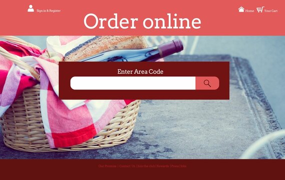 Wicker picnic basket with bread and wine bottle is showing on interface with search bar overlay